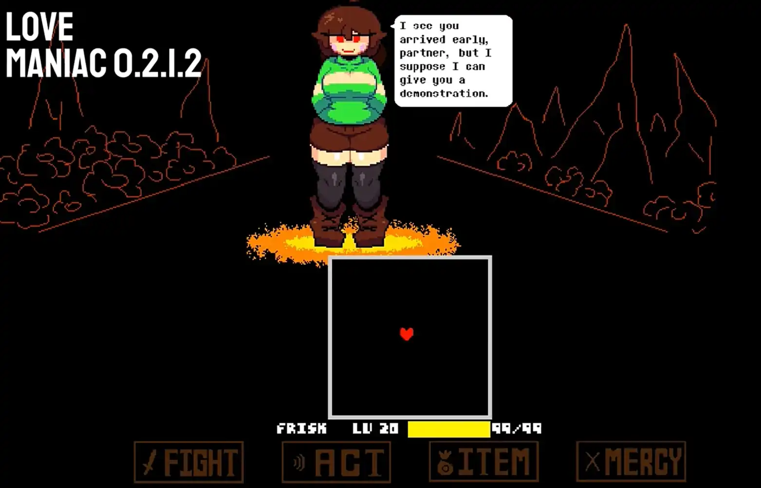 Pantalla de batalla con Chara y menú ACT